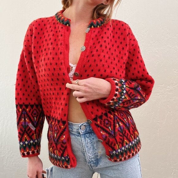 Vintage 1980s/90s Red Chunky Knit Fair Isle Cardigan Sweater - Picture 6 of 6